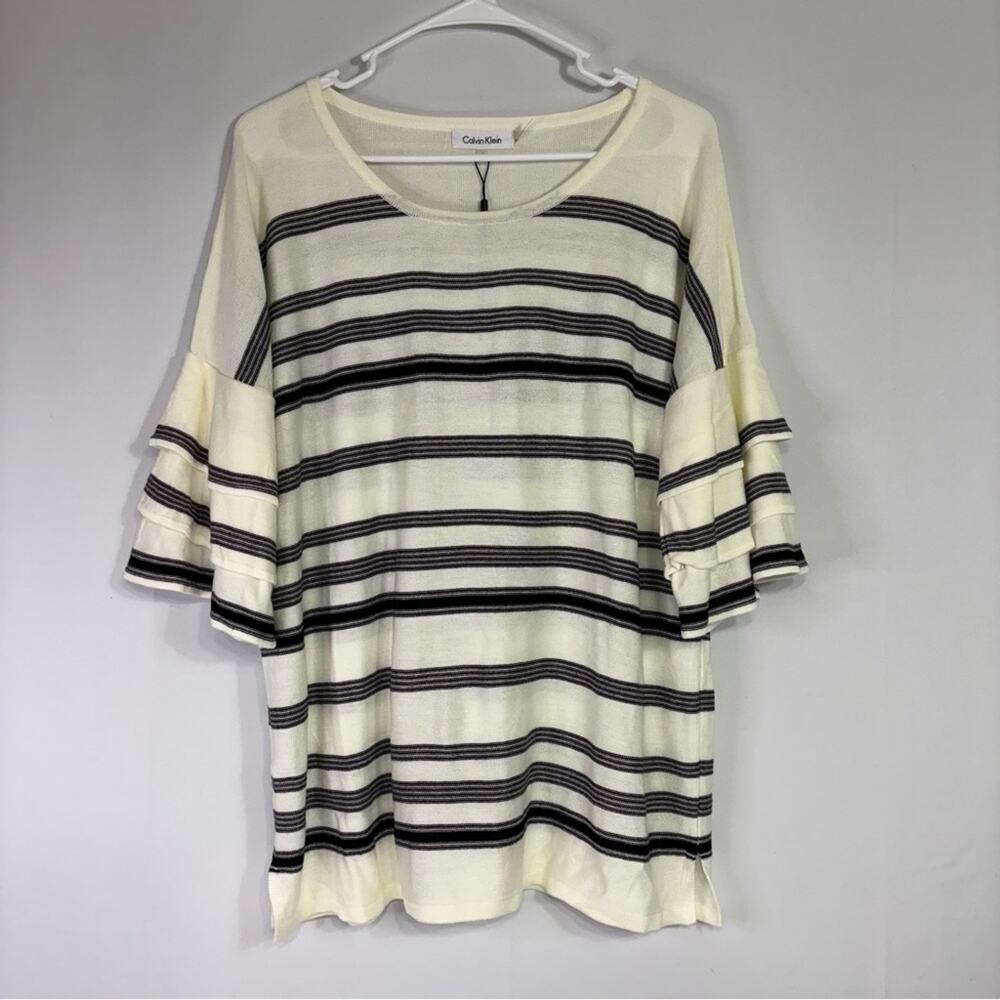 NWT Calvin Klein Cream & Black Striped Light Weight Sweater Ruffled Sleeve 0852